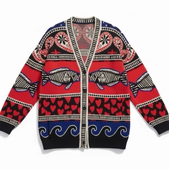 FARM Rio Mixed Prints Fair Isle Cardigan Sweater XS Fish Hearts Waves Red Blue - Picture 2 of 4